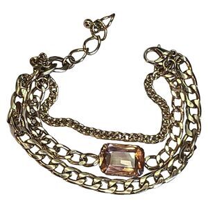 Gold Tone‎ Triple Chain Pink Champagne Rhinestone Bracelet 7"-8"